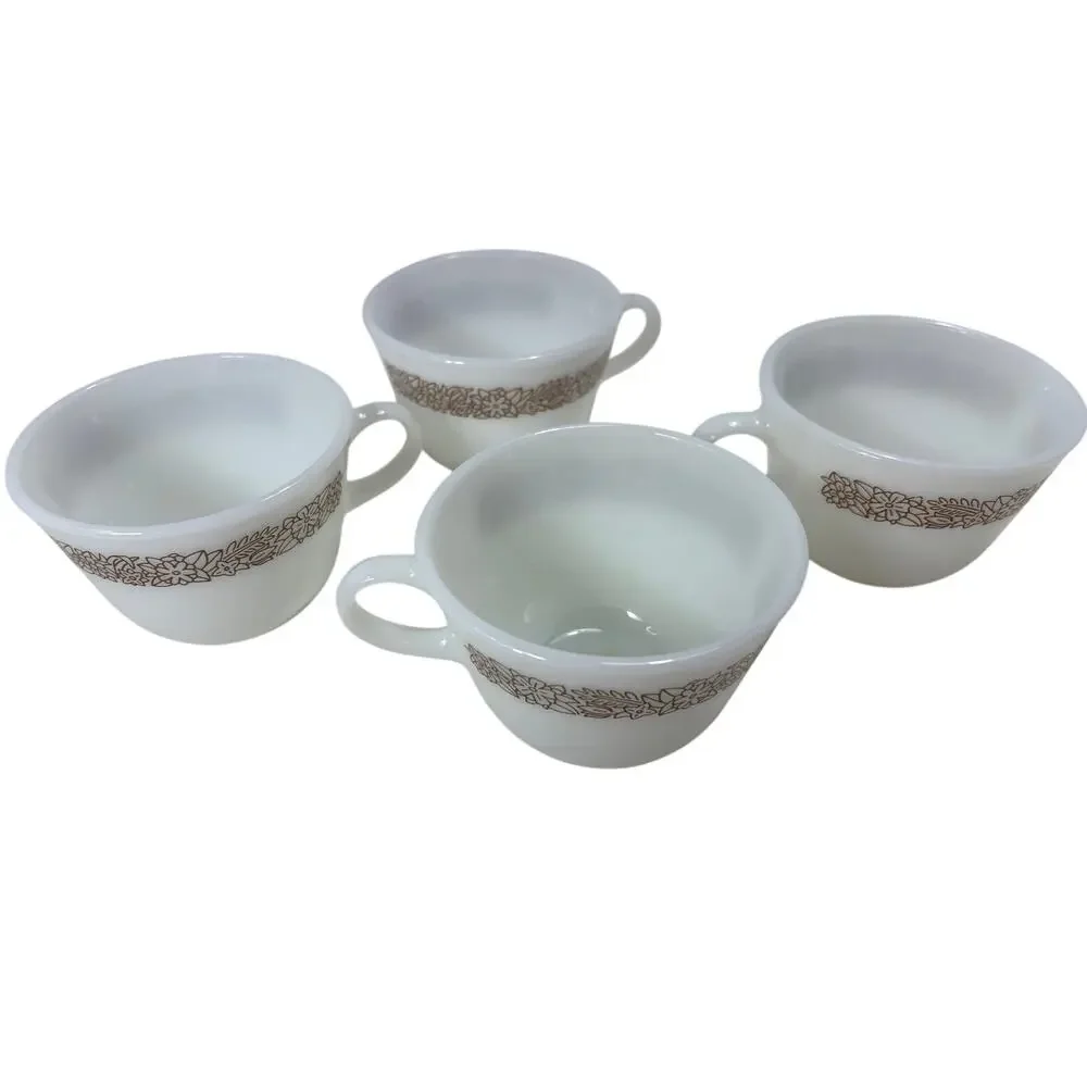 Vintage PYREX Corning USA Woodland‎ Brown Floral Milk Glass Tea Coffee Cups 4